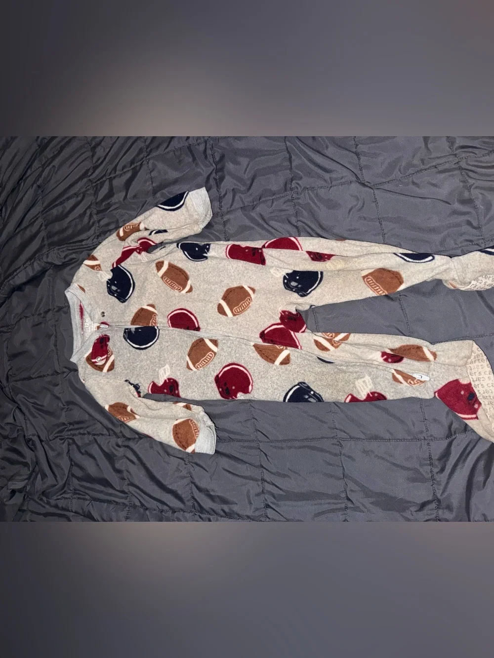 Cozy Football Print Footed Pajamas - Cream with Burgundy, Navy & Tan